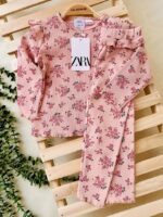 بلوز شلوار کبریتی گلدار صورتی