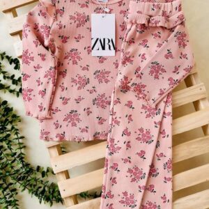 بلوز شلوار کبریتی گلدار صورتی