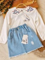 بلوز یقه گلدوزی و دامن جین